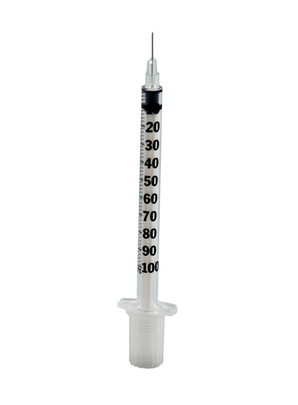 A box of Embecta Insulin Syringes 1cc (31G x 5/16"), U-100, contains 100 single-use syringes. Sold by MedPlus at $55.14 per box as of 6/24/25. Formerly BD Ultra-Fine standard.