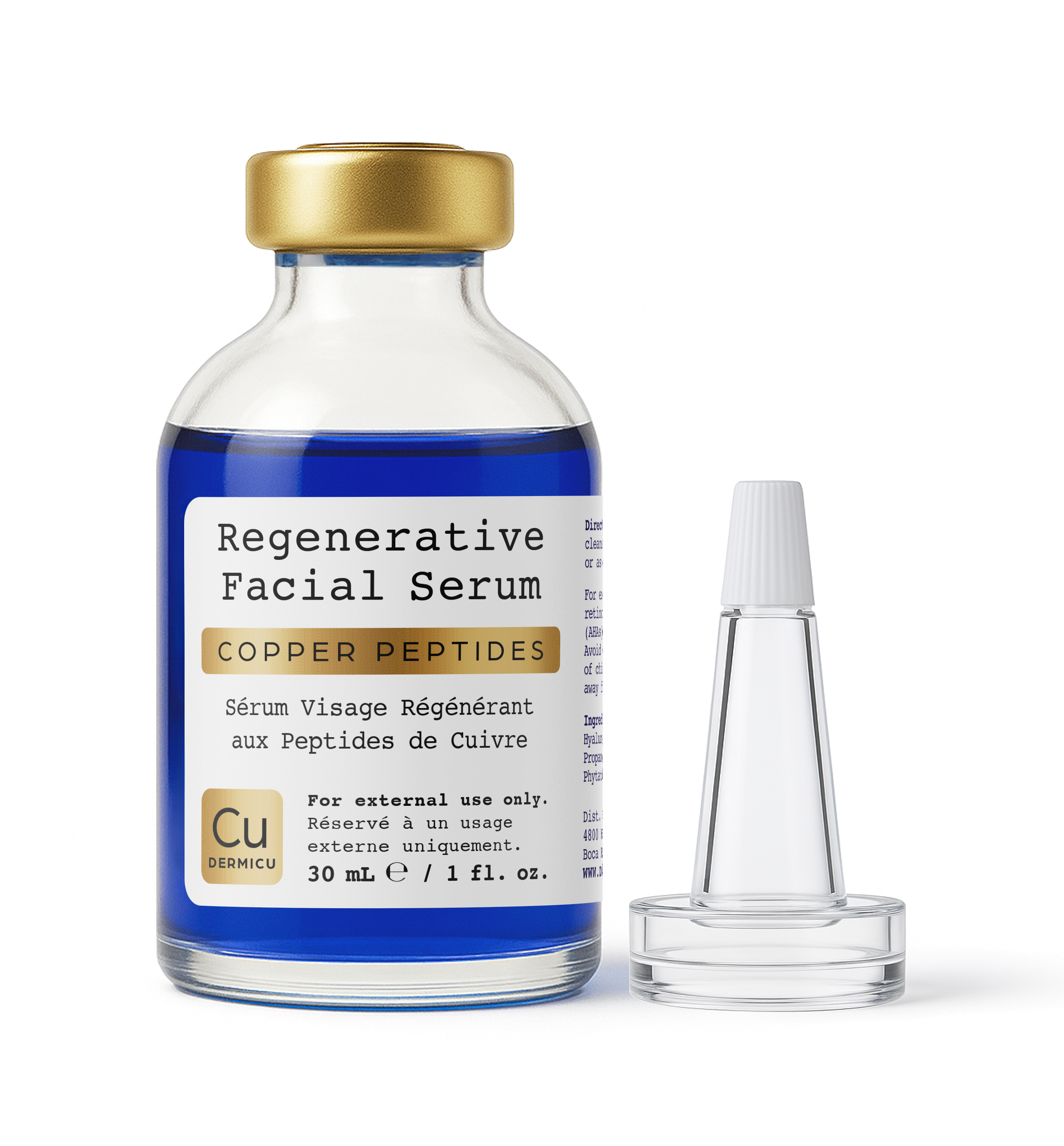 A 30 mL bottle of Dermicu® Regenerative Facial Serum by Dermicu, labeled "Copper Peptides," with a clear dropper cap beside it, containing regenerative anti-aging skincare serum.