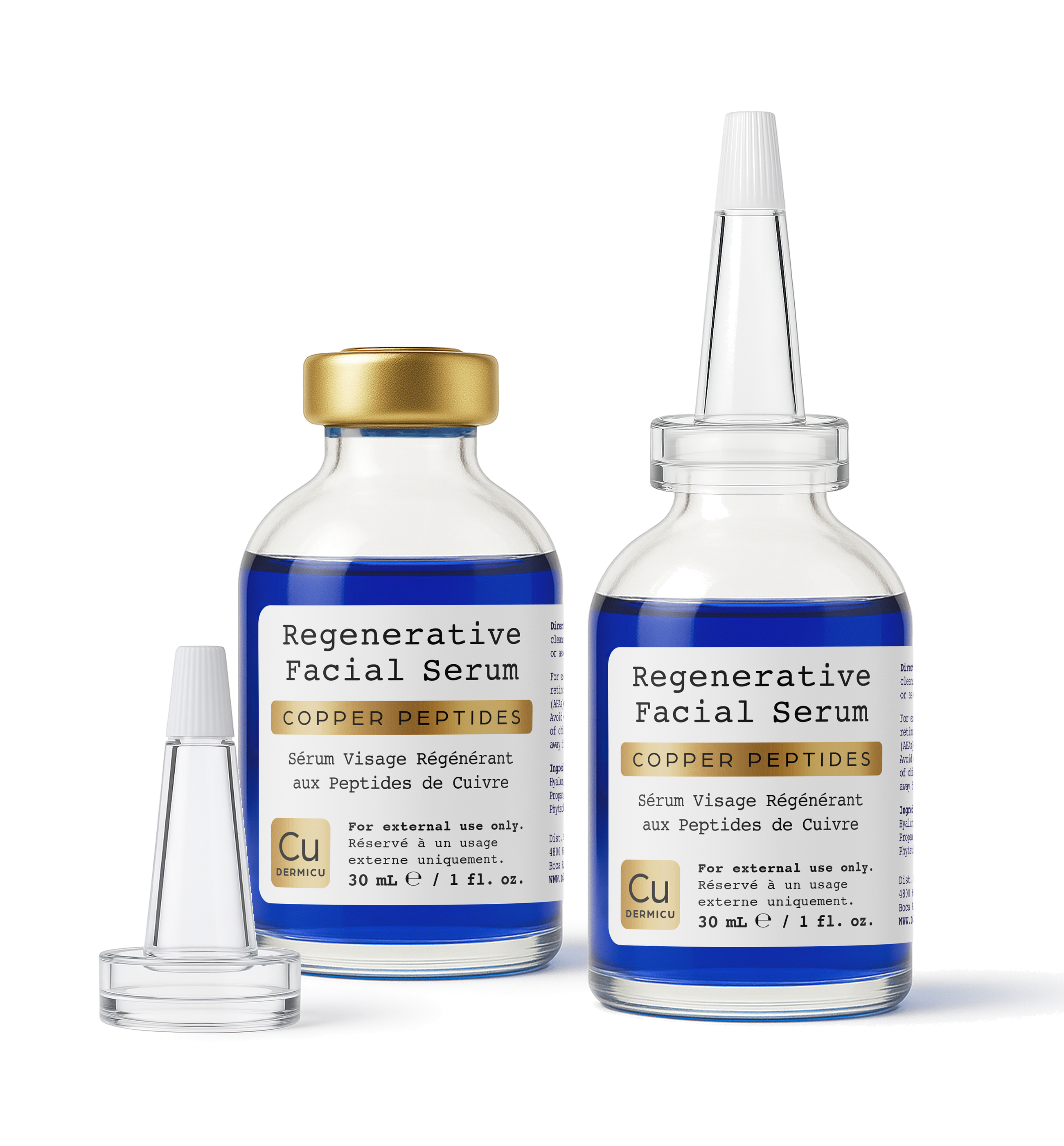 A 30 mL bottle of Dermicu® Regenerative Facial Serum by Dermicu, labeled "Copper Peptides," with a clear dropper cap beside it, containing regenerative anti-aging skincare serum.