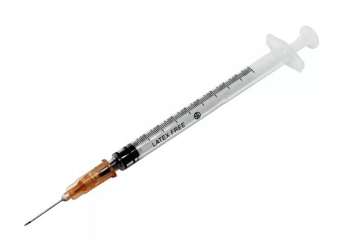 A white box labeled “Exel 1cc (1mL) 25g x 1" Luer Slip-Tip Syringe & Hypodermic Needle” by MedPlus contains 100 sterile syringes; price increased to $16.21 from $12.68 on 6/10/25.