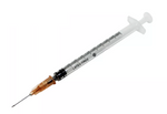 Box labeled "Exel 1cc (1mL) 25g x 1\" Luer Slip-Tip Syringe & Hypodermic Needle," featuring a set of 100 sterile syringes from MedPlus, specifically designed to minimize medication waste and not made with natural rubber latex.