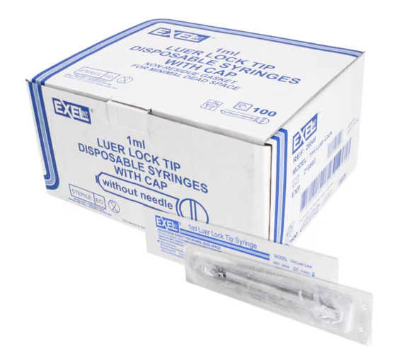 A box labeled "Exel 1ml Tuberculin Syringe (LOW DEAD SPACE) | Luer Lock Tip with Cap - 1 BOX (100 syringes)" by MedPlus sits behind a single, individually packaged, non-pyrogenic syringe. Price corrected 6/10/25.