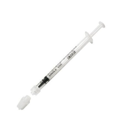 A box labeled "Exel 1ml Tuberculin Syringe (LOW DEAD SPACE) | Luer Lock Tip with Cap - 1 BOX (100 syringes)" by MedPlus sits behind a single, individually packaged, non-pyrogenic syringe. Price corrected 6/10/25.