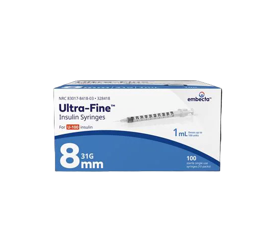 A box of Embecta Insulin Syringes 1cc (31G x 5/16"), U-100, contains 100 single-use syringes. Sold by MedPlus at $55.14 per box as of 6/24/25. Formerly BD Ultra-Fine standard.