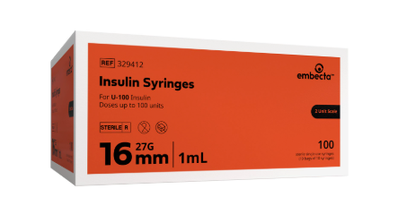 A box of Embecta (formerly BD) Insulin Syringes from MedPlus, 16mm, 27G, 1mL for U-100 insulin; contains 100 syringes. Price: $26.85 or $55.14 per box as of 6/24/25.