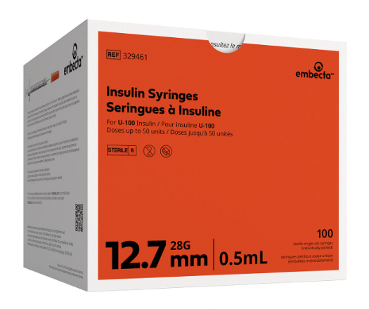 Embecta (formerly BD) Insulin Syringes 0.5cc x 28G x 1/2", box of 100, from MedPlus—ideal for U-100 insulin and diabetes care; $26.85 per box as of 6/24/25.
