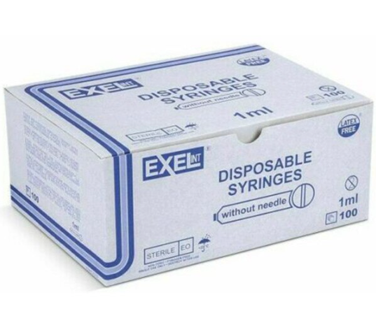 A close-up of the Exel 1mL Syringe and Needle Combination Slip Tip 25g x 1″ from MedPlus is shown positioned diagonally on a white background. The sterile syringe features a transparent barrel, low dead space design, brown needle cap, measurement markings, and is labeled “latex free.” Note: The price increased to $16.21 from $12.68 as of 6/10/25 (Box of 100 Syringes).