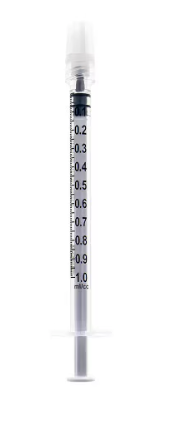 An Exel 1mL Capped Luer Lock Tip Syringe by MedPlus is displayed upright against a white background, featuring clear measurement markings from 0.1 to 1.0 mL and capped with a protective cover; available in a box of 100 syringes.