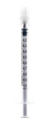 An Exel 1mL Capped Luer Lock Tip Syringe by MedPlus is displayed upright against a white background, featuring clear measurement markings from 0.1 to 1.0 mL and capped with a protective cover; available in a box of 100 syringes.