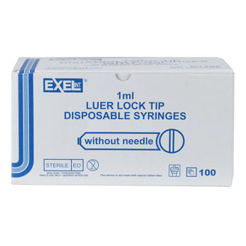 An Exel 1mL Capped Luer Lock Tip Syringe by MedPlus is displayed upright against a white background, featuring clear measurement markings from 0.1 to 1.0 mL and capped with a protective cover; available in a box of 100 syringes.