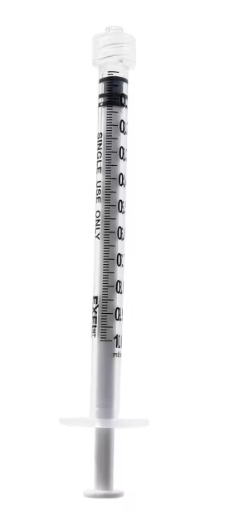 A MedPlus Exel 1mL Luer Lock Tip Syringe, featuring black measurement markings, a smooth plunger, and labeled “SINGLE USE ONLY,” stands upright against a white background. This box contains 100 sterile syringes.
