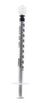A MedPlus Exel 1mL Luer Lock Tip Syringe, featuring black measurement markings, a smooth plunger, and labeled “SINGLE USE ONLY,” stands upright against a white background. This box contains 100 sterile syringes.