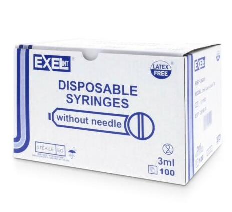 The MedPlus Exel 3mL Slip Tip Syringe Only, available in a box of 100 syringes, features a crystal clear barrel with black measurement markings up to 3 milliliters, is capped with a plastic cover, and designed with low dead space; shown against a white background. Note: Price increased to $11.38 from $9.81 as of 6/10/25.