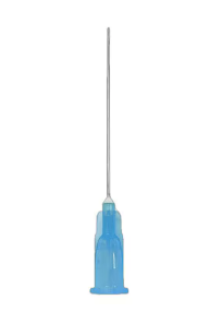 A blue and white box labeled “Exel Disposable Hypodermic Needles 23G x 1 ½”“ from MedPlus, containing 100 individually wrapped, sterile hypodermic needles that are Luer Lock compatible and intended for single use.