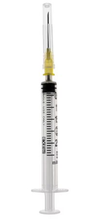 An Exel 3mL Luer-Slip Syringe and Needle Combination 20G x 1” from MedPlus is displayed upright against a white background. This sterile syringe features clear measurement markings and is designed for precise dosing in various medical applications.