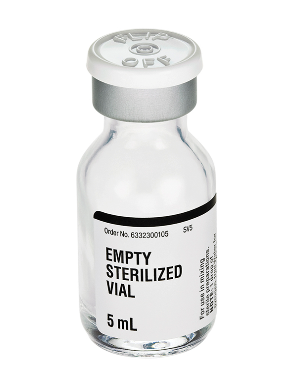 A clear glass vial labeled "Empty Sterilized Vial - Glass (Fresenius Kabi) 5mL" with a gray flip-off cap stands upright on a white background. Ideal for sterile preparations, it is branded by Henry Schein.