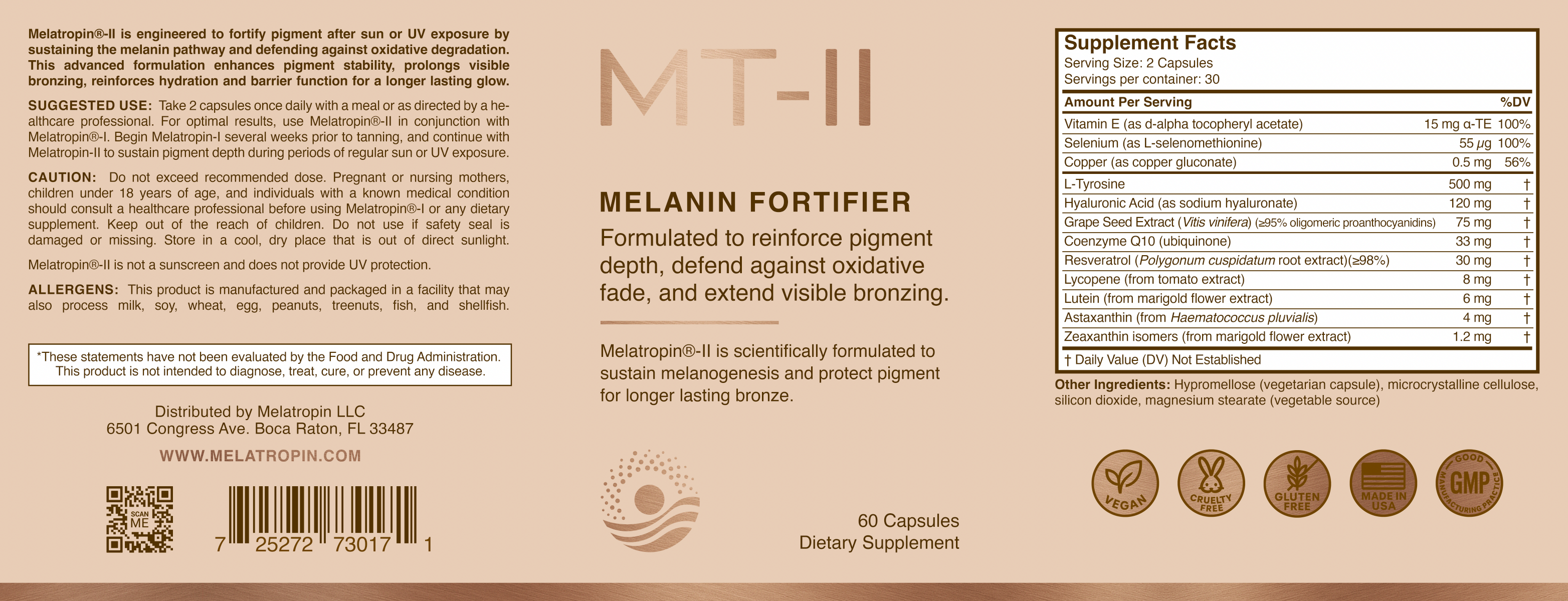 A bottle labeled "Melatropin®-II" by Melatropin sits on sand with two people in swimsuits behind it. The label highlights its ability to enhance and extend visible bronzing while supporting melanin synthesis for lasting pigment stability.