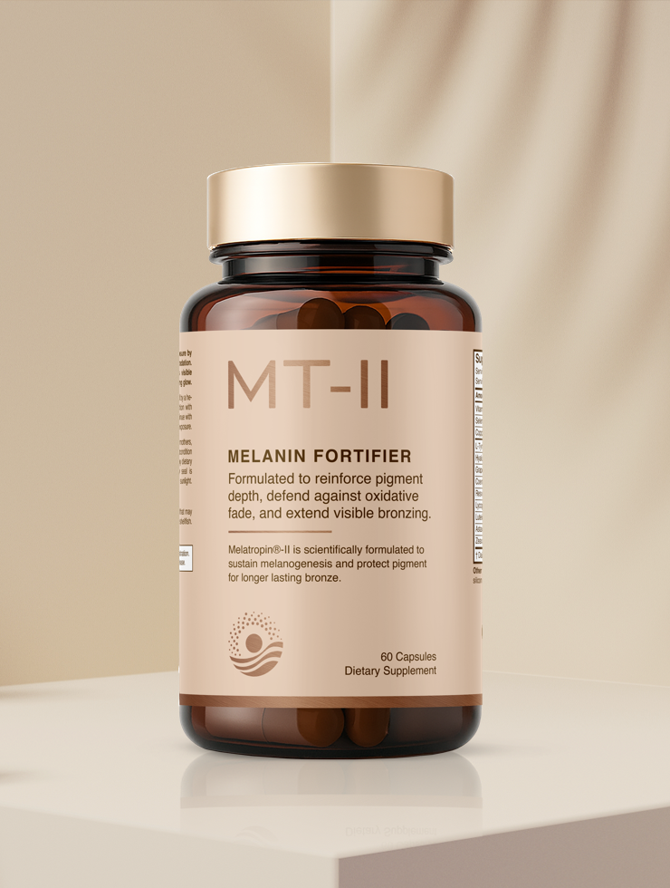 A bottle labeled "Melatropin®-II" by Melatropin sits on sand with two people in swimsuits behind it. The label highlights its ability to enhance and extend visible bronzing while supporting melanin synthesis for lasting pigment stability.