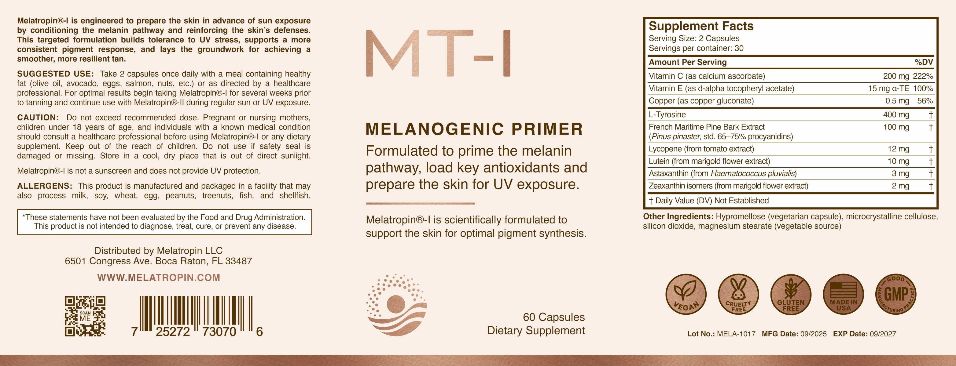 Melatropin®-I supplement packaging displays product details, suggested use, cautions, ingredients, supplement facts, manufacturer info, and icons highlighting Melatropin brand features.