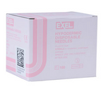 Box of Exel 18G x 1" disposable hypodermic needles by MedPlus, featuring sterile needles with Luer lock compatibility and a QR code, 100 count.