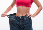 A person in a red crop top showcases significant waist reduction while wearing oversized blue jeans after using the Injection Kit for Weight Loss Regimens (6 Month Supply) by Custom Item. Cost increases from $24.53 to $30.28 on 5/1/25 (all Exel items).