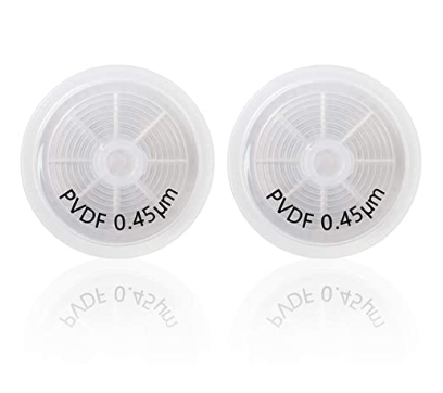 A pair of Allpure Syringe Filters - 25mm | 0.45μm | PDVF (priced per filter) featuring the word "fea 0 0" and offered by Amazon.