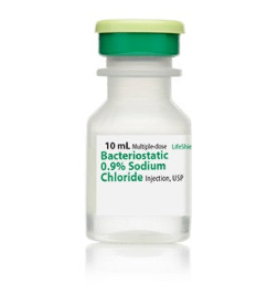 A clear vial labeled "Bacteriostatic 0.9% Sodium Chloride Injection, USP," 10 mL bottle, with Henry Schein branding; priced at $70.91 per 25 pack.