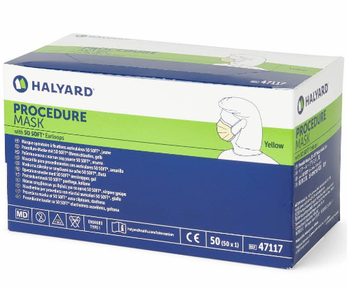 A man in scrubs wearing the Halyard Procedure Mask with So-Soft Ear-loops (1 Box of 50) from MedPlus, with protective three-layer construction.