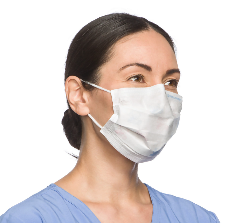 A man in scrubs wearing the Halyard Procedure Mask with So-Soft Ear-loops (1 Box of 50) from MedPlus, with protective three-layer construction.