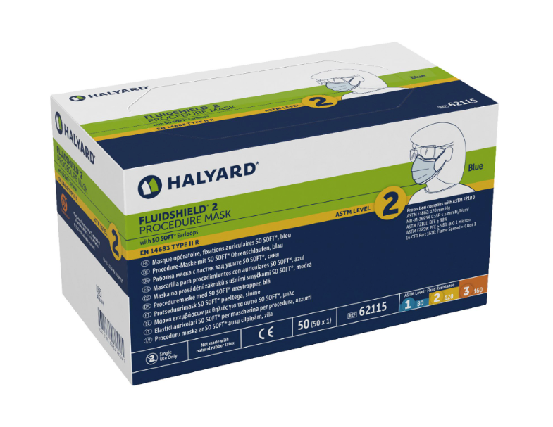 A box of MedPlus Halyard Fluidshield* Level 2 Procedure Masks (ASTM F2100-11), 50 blue, fluid-resistant masks per box, includes product details and mask illustration on packaging. Case cost applies.