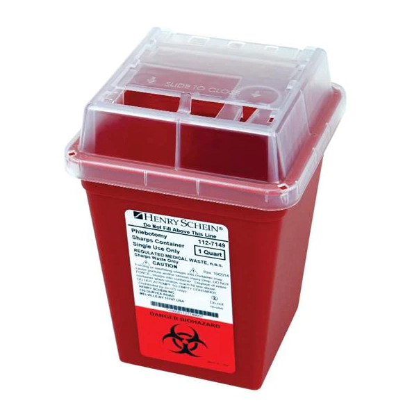 The MedPlus Sharps Container - 1 Quart is a red biohazard container with a clear lid, labeled for phlebotomy use, and OSHA-compliant. It is designed for the safe disposal of needles, infectious waste, and other sharp medical items.