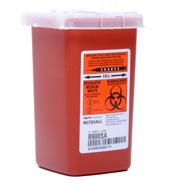 The MedPlus Sharps Container - 1 Quart is a red biohazard container with a clear lid, labeled for phlebotomy use, and OSHA-compliant. It is designed for the safe disposal of needles, infectious waste, and other sharp medical items.