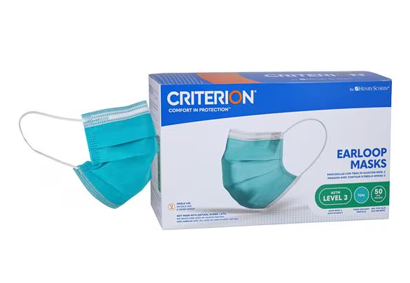 A box of Henry Schein Criterion Earloop Mask ASTM Level 3, showing a turquoise mask in front; each box holds 50 masks. $24.30 per case of 6.