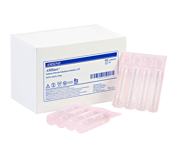 Four AMSure Sodium Chloride Inhalation Solution, USP 15mL vials (MedPlus, 4 pack) are shown in a row, highlighting sterile single-use vials for respiratory therapy. $45.56 per case of 144 vials.