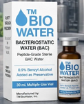 A box and vial of TM BioWater™ - Bacteriostatic Water (BAC) 30mL, glass vial by TM Biotech—FDA-registered, peptide-grade sterile water with 0.9% benzyl alcohol, ideal for peptide reconstitution.