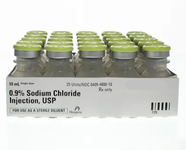 A 25-pack of 10 mL bottles of Henry Schein 0.9% Sodium Chloride, $34.22 per pack, preservative-free and labeled for sterile diluent use, expiring 11/18/2025.