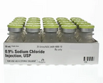 A 25-pack of 10 mL bottles of Henry Schein 0.9% Sodium Chloride, $34.22 per pack, preservative-free and labeled for sterile diluent use, expiring 11/18/2025.