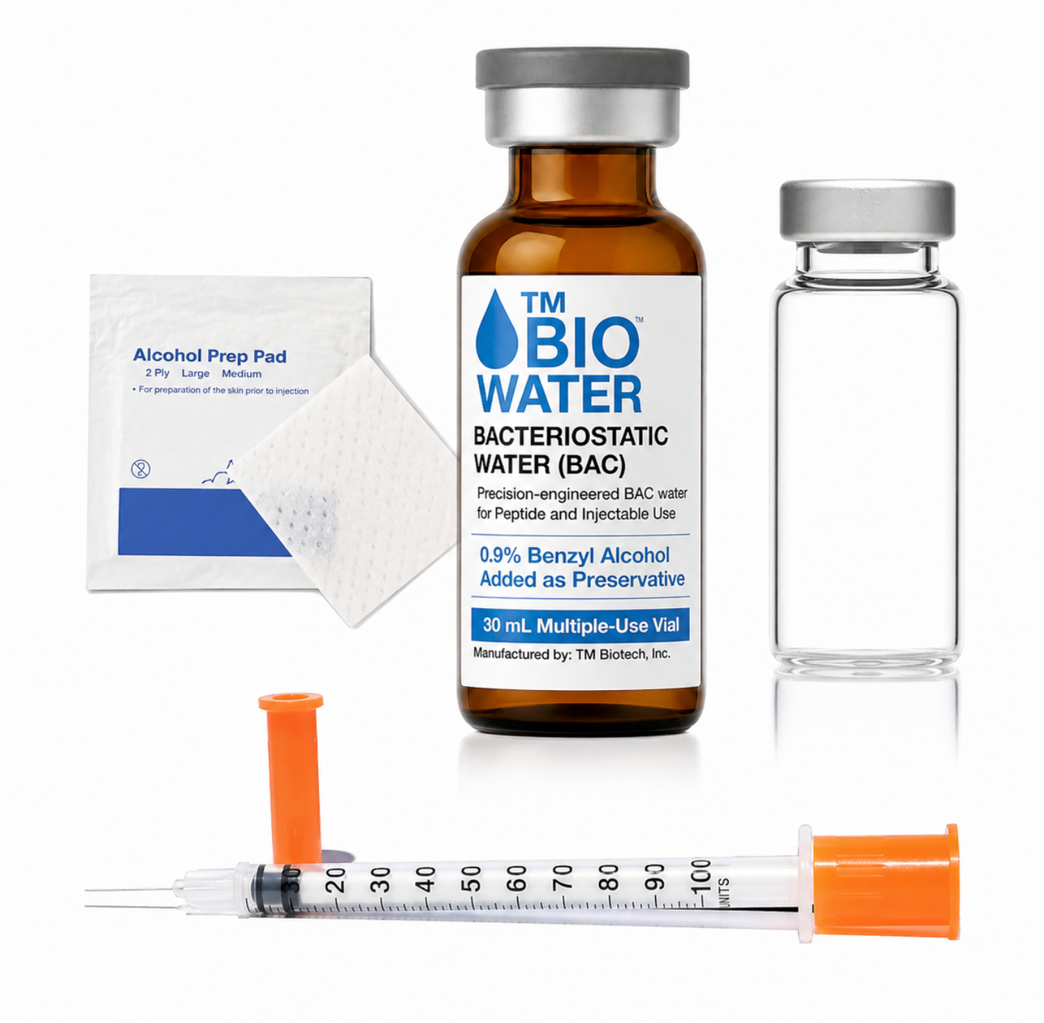 A Medium Reconstitution Kit by Custom Item is arranged on a white background. The kit includes a “Bio Water” vial, an empty vial, alcohol prep pad, gauze pad, and insulin syringes with orange caps. Price: $31.14/$32.19 (6/24/25).