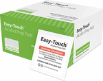A box of MHC EasyTouch Alcohol Prep Pads - 200 count, with a single prep pad packet displayed in front highlighting the Gamma-Sterilized label and product details—ideal antiseptic wipes for quick and effective cleaning.