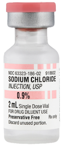 A 2 mL bottle of Sodium Chloride 0.9% Fresenius, labeled as "Sodium Chloride Injection, USP 0.9%," provided as a sterile, preservative-free solution in a single-dose container with a pink cap; Brand: Henry Schein (tray of 25 for $31.69 as of 7/29/26).
