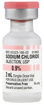 A 2 mL bottle of Sodium Chloride 0.9% Fresenius, labeled as "Sodium Chloride Injection, USP 0.9%," provided as a sterile, preservative-free solution in a single-dose container with a pink cap; Brand: Henry Schein (tray of 25 for $31.69 as of 7/29/26).