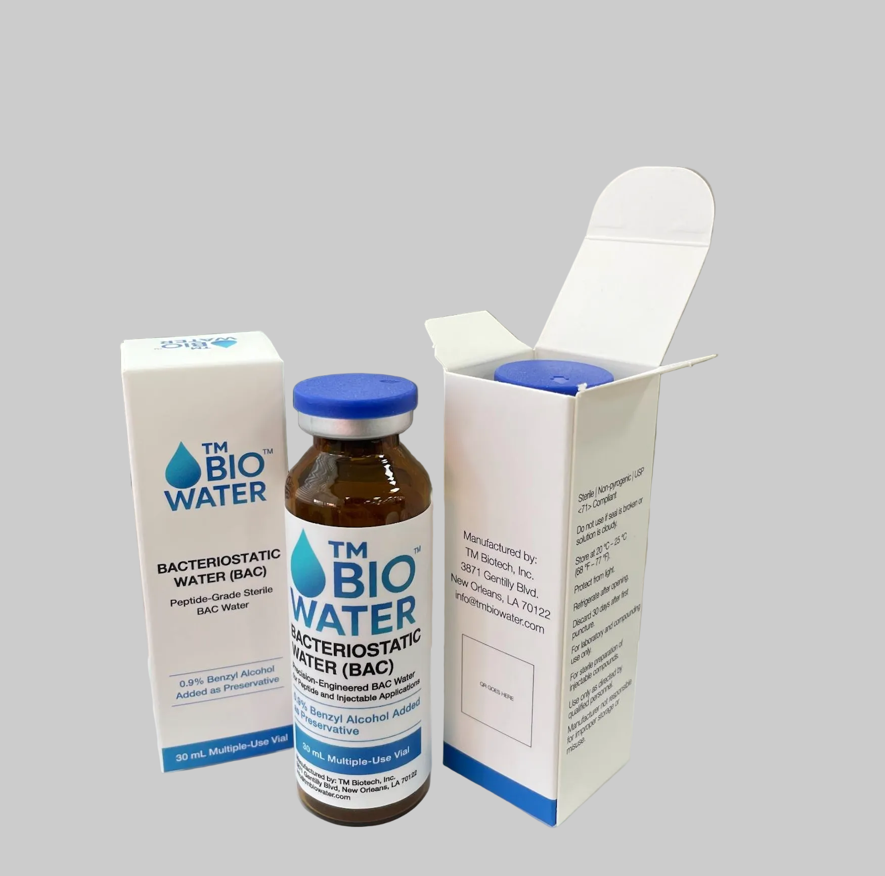A box and vial of TM BioWater™ - Bacteriostatic Water (BAC) 30mL, glass vial by TM Biotech—FDA-registered, peptide-grade sterile water with 0.9% benzyl alcohol, ideal for peptide reconstitution.