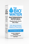 A box and vial of TM BioWater™ - Bacteriostatic Water (BAC) 30mL, glass vial by TM Biotech—FDA-registered, peptide-grade sterile water with 0.9% benzyl alcohol, ideal for peptide reconstitution.