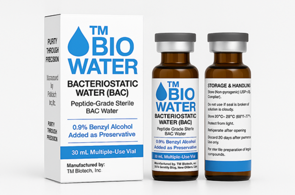 A box and vial of TM BioWater™ - Bacteriostatic Water (BAC) 30mL, glass vial by TM Biotech—FDA-registered, peptide-grade sterile water with 0.9% benzyl alcohol, ideal for peptide reconstitution.