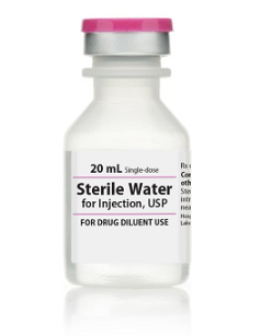 A 20 mL single-dose vial of Henry Schein Sterile Water for Injection, USP (1 bottle), labeled for drug diluent use, with a pink and gray cap.