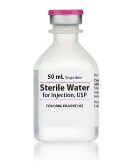 A clear glass vial labeled "Henry Schein Sterile Water for Injection, USP, 50 mL (1 bottle), for drug diluent use," with a pink cap.