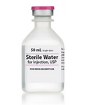 A 50 mL single-dose bottle of Henry Schein Sterile Water for Injection, USP, labeled for drug diluent use with a pink and white cap.