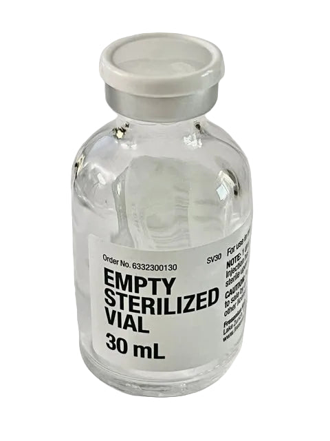 A clear 30mL glass vial labeled "Empty Sterilized Vial - Glass (Fresenius Kabi)" by Henry Schein, featuring a white cap, is shown upright on a plain white background. Price: $68.87 for 25. Exp: 6/3/2026.