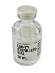A clear 30mL glass vial labeled "Empty Sterilized Vial - Glass (Fresenius Kabi)" by Henry Schein, featuring a white cap, is shown upright on a plain white background. Price: $68.87 for 25. Exp: 6/3/2026.