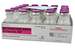 A box of 25 Henry Schein 30ml Bacteriostatic Water vials with purple caps, labeled "not for use in neonates." Price: $87.54 per pack. Expiry: 2/17/2026.